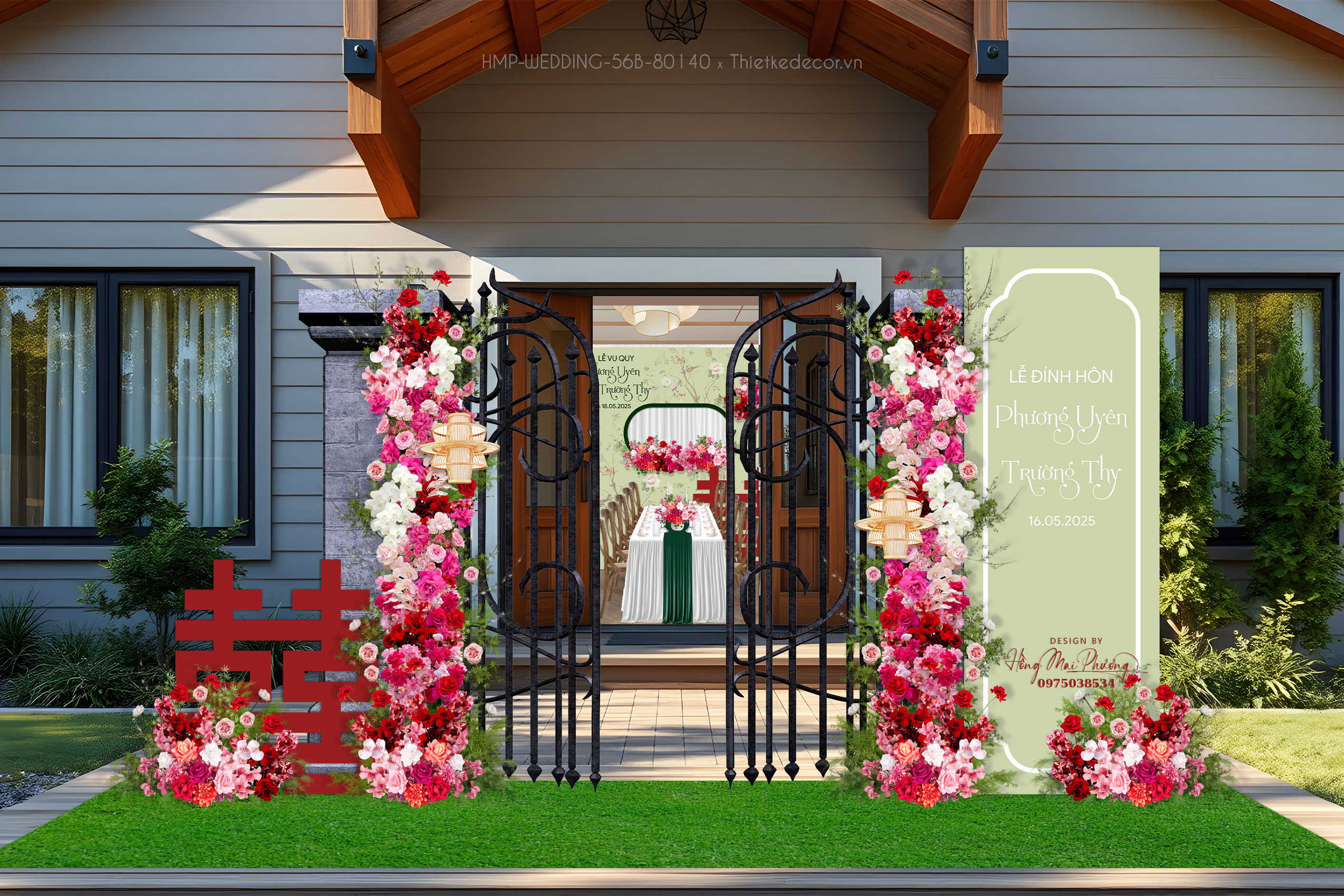 Cổng cưới tone xanh lá kèm file hoa đèn, chữ hỷ